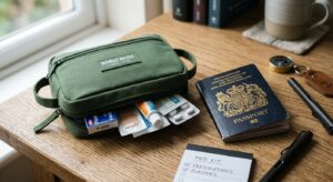 A professional editorial close-up of a well-organized travel medical kit and a passport on a clean w