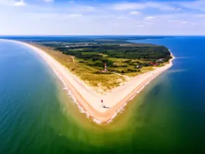 Widok na koniec Półwyspu Helskiego z plażami i morzem - idealne miejsce na hel noclegi nad Bałtykiem
