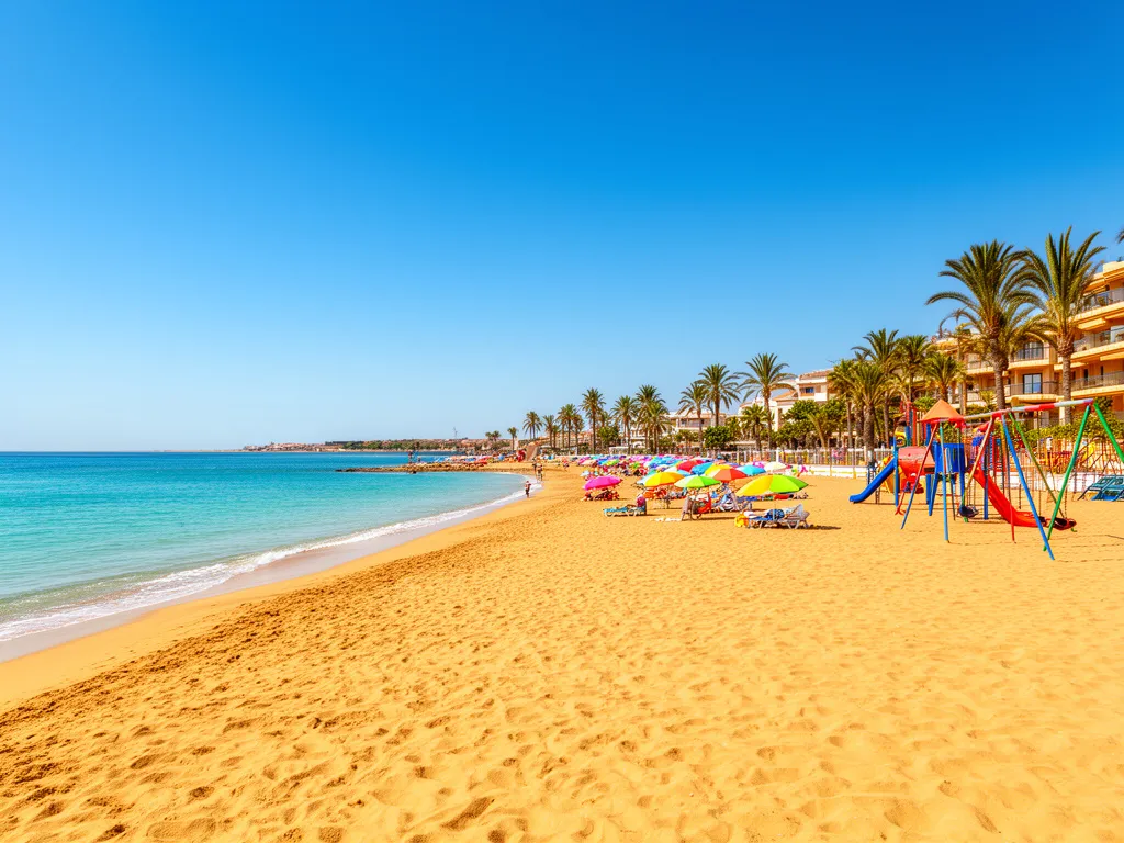 Hiszpania gdzie na wakacje z dziećmi - piaszczysta plaża z spokojnym morzem i atrakcjami dla najmłodszych na Costa Dorada