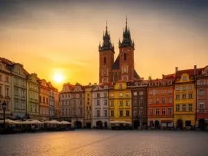 Rynek Główny w Krakowie z kamienicami i Bazyliką Mariacką – idealna lokalizacja dla gości szukających hostel Kraków