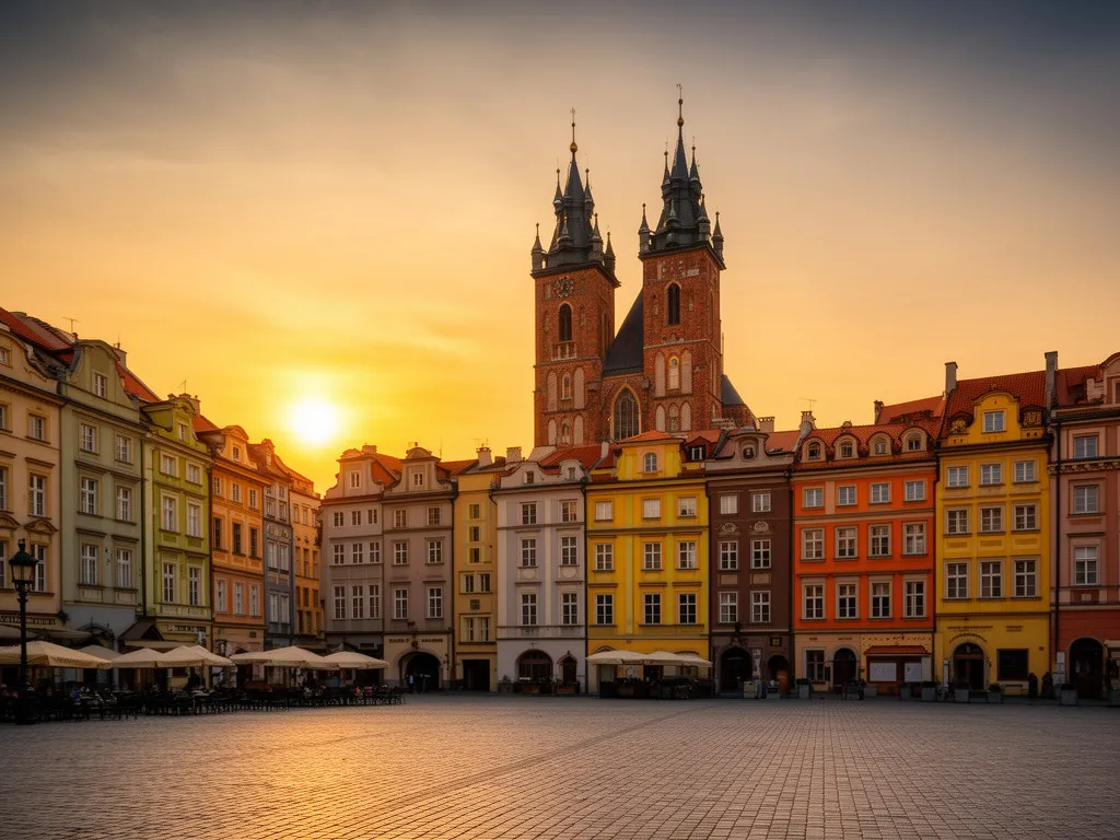 Rynek Główny w Krakowie z kamienicami i Bazyliką Mariacką – idealna lokalizacja dla gości szukających hostel Kraków