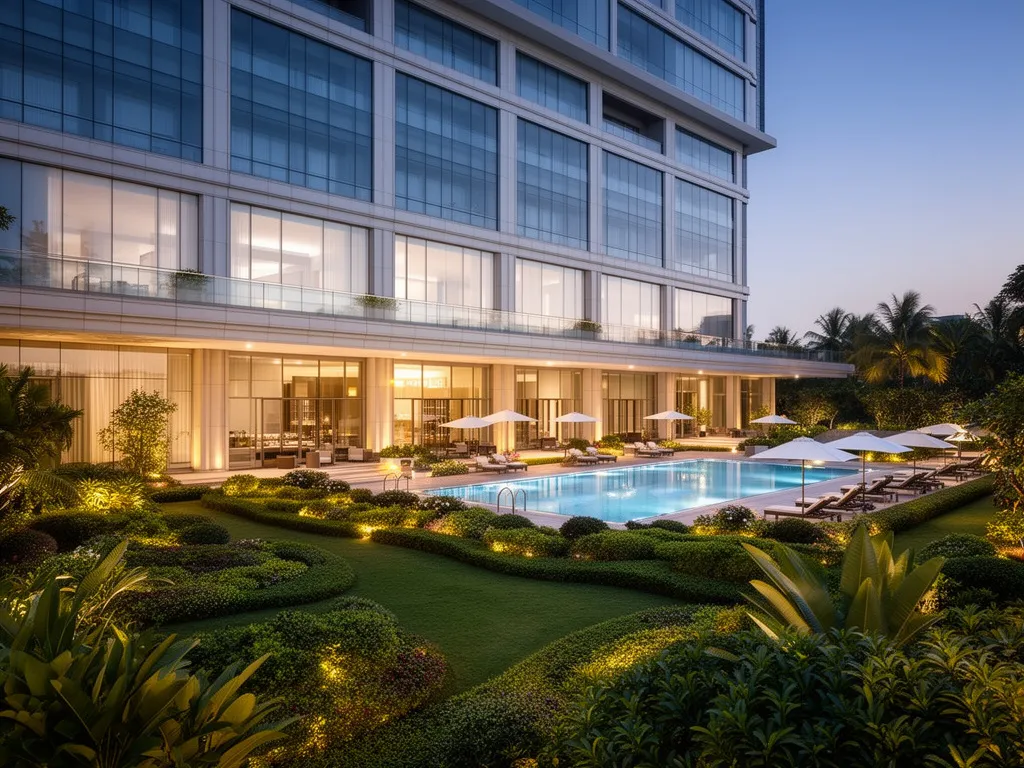 Nowoczesny hotel 4 gwiazdki z basenem i elegancką architekturą wieczorem
