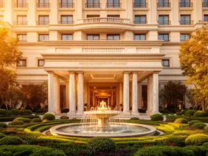 Elegancki hotel 5 gwiazdkowy z imponującą architekturą i zadbanym ogrodem przy wejściu głównym