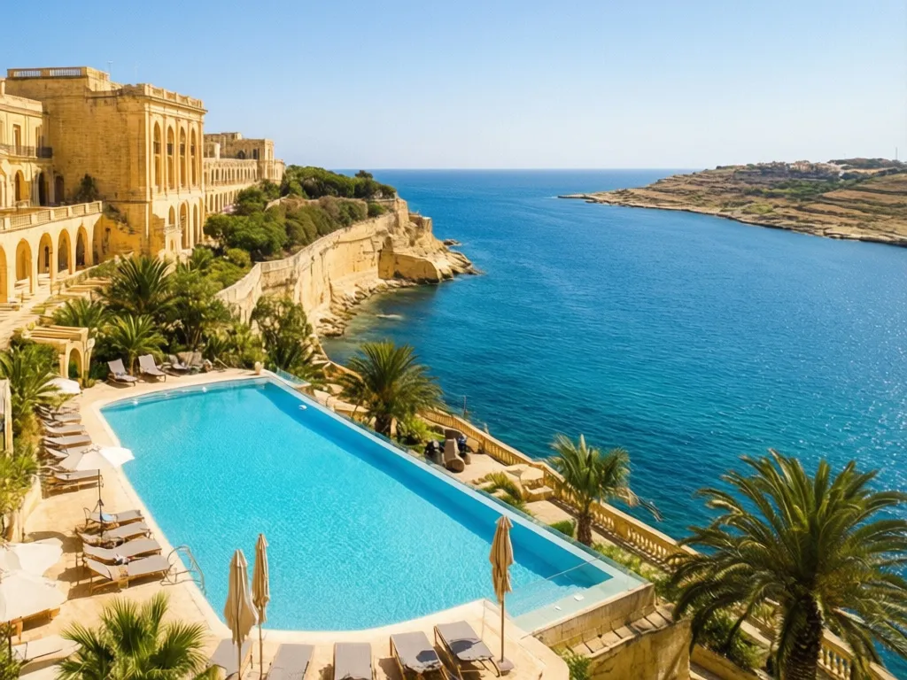 Widok na luksusowy hotel all inclusive Malta z basenem i zatoką morską w tle