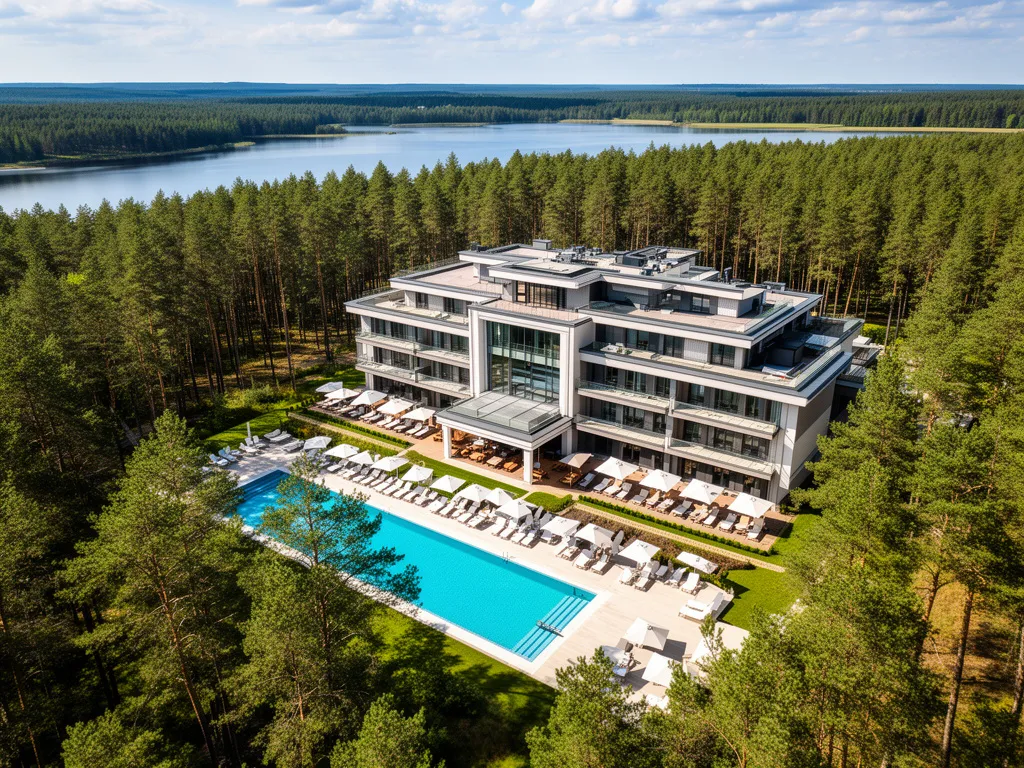Hotel all inclusive Polska z basenem i leżakami otoczony lasem sosnowym nad jeziorem – widok z lotu ptaka