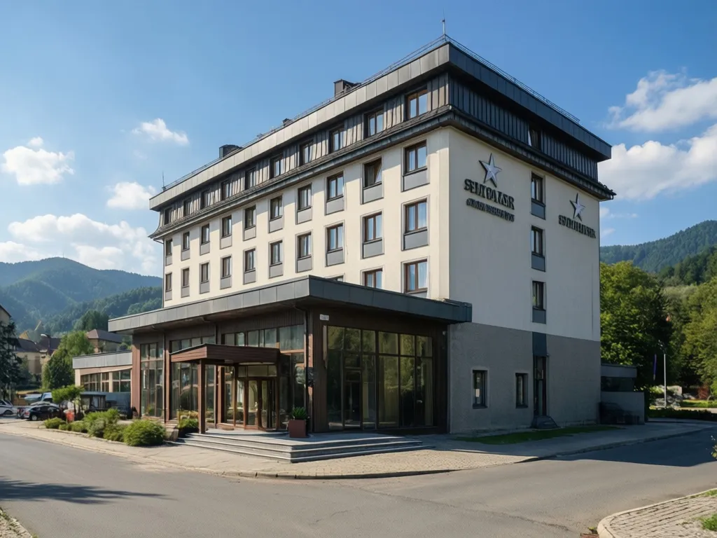 Hotel Beskid w Nowym Sączu - widok na budynek hotelu z panoramą Beskidów w tle