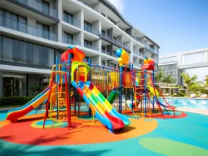 Plac zabaw i basen przy hotelu dla dzieci z kolorowymi atrakcjami i nowoczesną architekturą