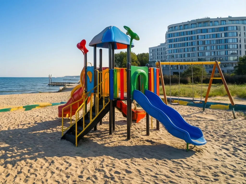 Plac zabaw przy hotelu dla dzieci nad morzem z kolorowymi zjeżdżalniami i piaszczystą plażą w tle