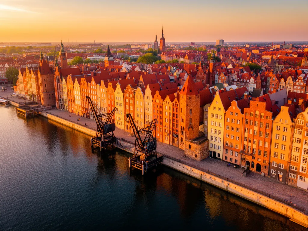 Widok na Starówkę Gdańska z kolorowymi kamienicami nad Motławą – idealna lokalizacja na hotel Gdańsk