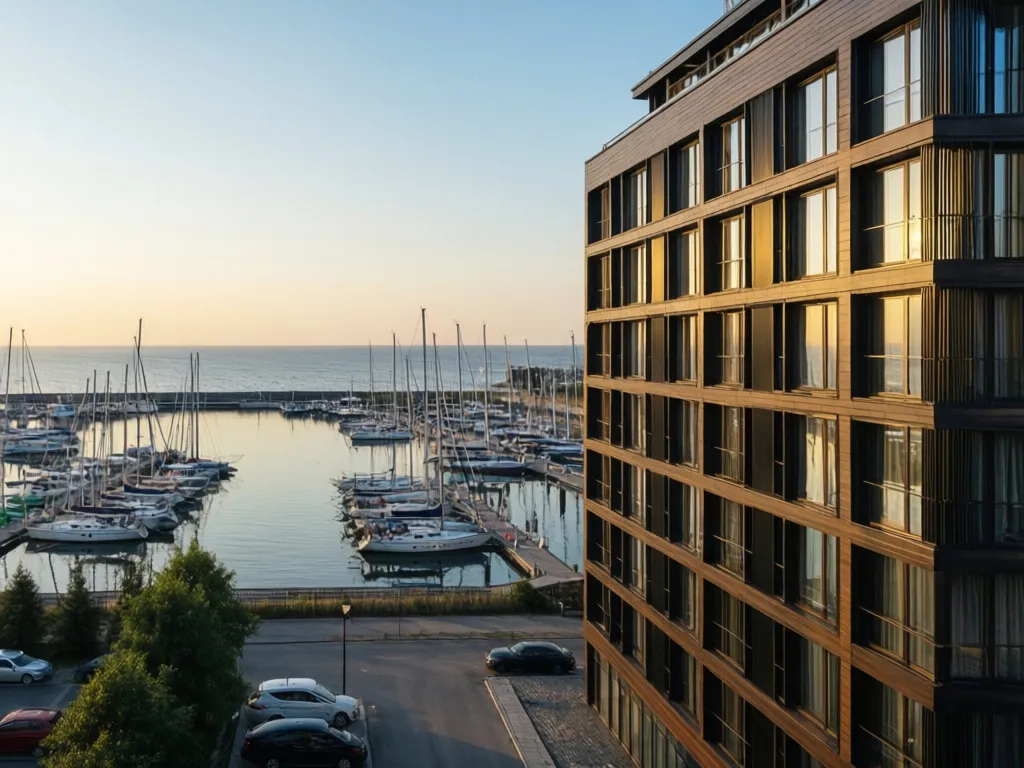 Widok na nadmorski hotel Gdynia z mariną pełną jachtów i Zatoką Gdańską w tle