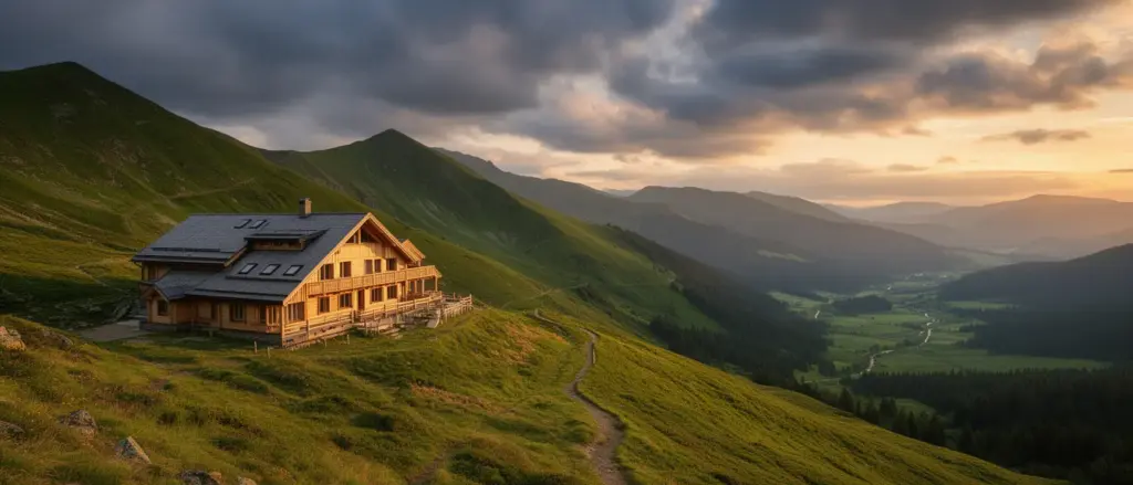 Hotel górski w Tatrach otoczony zielonymi szczytami i szlakami turystycznymi o zachodzie słońca