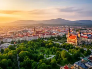 Panorama Kielc ze Wzgórzami Świętokrzyskimi – idealna lokalizacja na hotel Kielce dla turystów i gości biznesowych