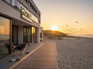Hotel nad morzem z psem - widok na nowoczesny obiekt przy plaży Bałtyku z tarasem dla zwierząt