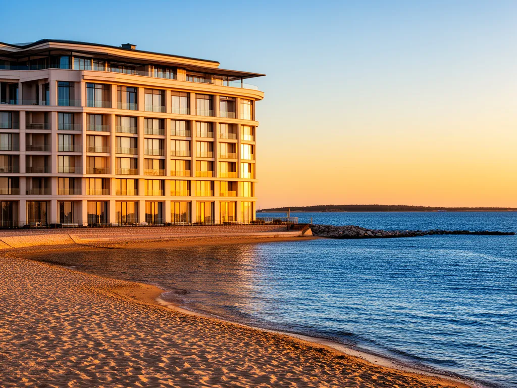 Hotel nad morzem z widokiem na plażę i Morze Bałtyckie o wschodzie słońca