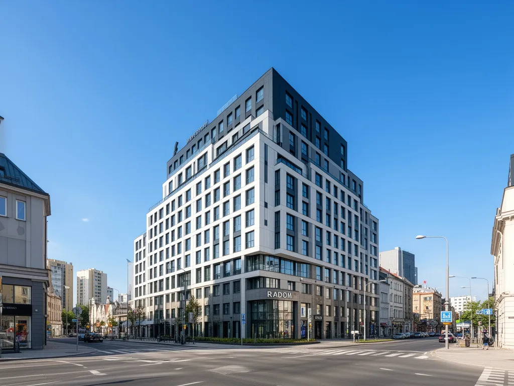 Widok na nowoczesny hotel Radom w centrum miasta z charakterystyczną architekturą miejską