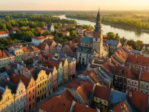 Widok na zabytkową starówkę Sandomierza z lotu ptaka - idealna lokalizacja na hotel sandomierz blisko atrakcji turystycznych