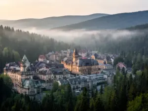 Widok na uzdrowisko Świeradów-Zdrój w Sudetach, gdzie znajdują się liczne hotele oferujące noclegi i zabiegi SPA