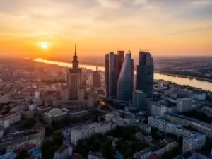 Panorama Warszawy ze Śródmieściem i drapaczami chmur – lokalizacja hoteli w centrum stolicy, hotel warszawa
