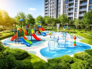 Kolorowy plac zabaw i strefa wodna w hotelu z atrakcjami dla dzieci otoczona zielenią