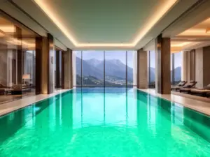 Luksusowy kryty basen w hotelu z basenem z panoramicznym widokiem na góry i nowoczesnym designem