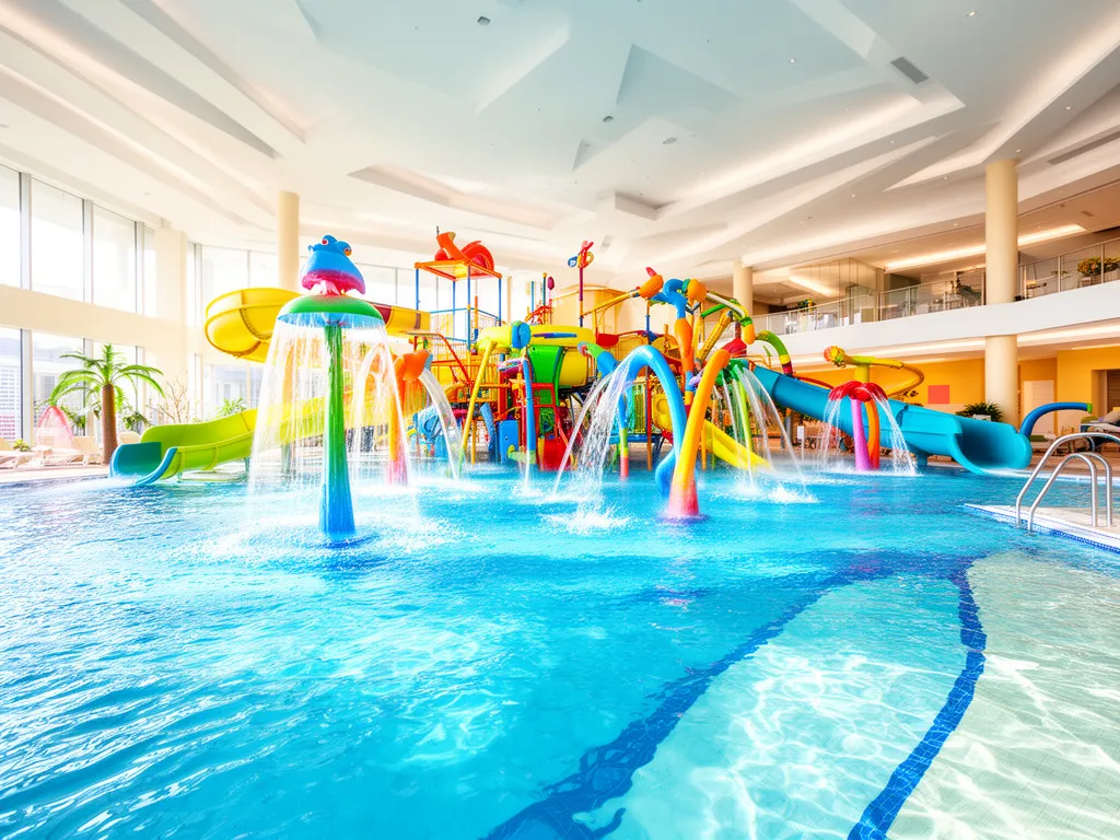 Hotel z basenem dla dzieci z kolorowymi zjeżdżalniami i brodzikiem w nowoczesnym wnętrzu aquaparku