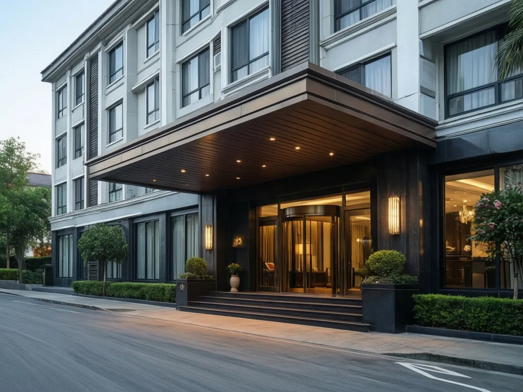 Nowoczesny budynek hotelu 3 gwiazdkowego z reprezentacyjnym wejściem i profesjonalną architekturą