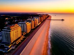 Hotele Kołobrzeg przy nadmorskiej promenadzie – widok z lotu ptaka na wybrzeże Bałtyku i plażę