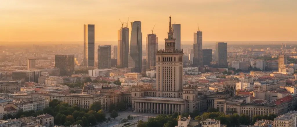 Panorama Warszawy ze skyline miasta – lokalizacja hoteli w Warszawie w centrum stolicy