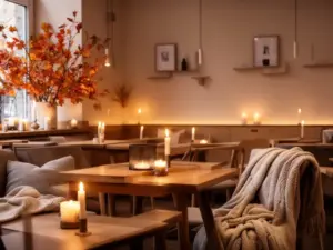 Przytulne wnętrze kawiarni w stylu hygge warszawa z drewnianymi meblami, świecami i ciepłym oświetleniem