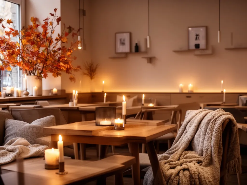 Przytulne wnętrze kawiarni w stylu hygge warszawa z drewnianymi meblami, świecami i ciepłym oświetleniem