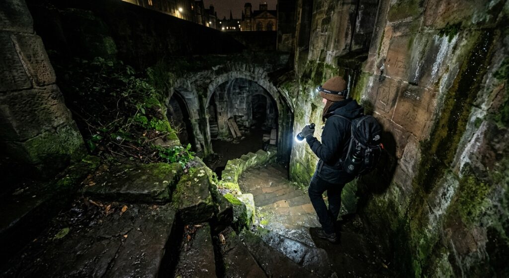 A cinematic, high-angle editorial shot of an adventurous explorer using a flashlight to reveal a mys