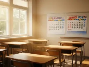 Pusta klasa szkolna podczas przerwy letniej pokazująca ile trwają wakacje w polskich szkołach