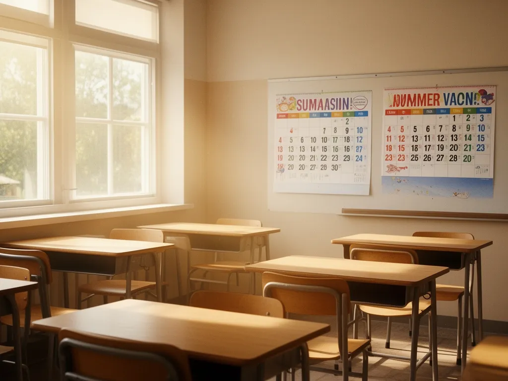 Pusta klasa szkolna podczas przerwy letniej pokazująca ile trwają wakacje w polskich szkołach