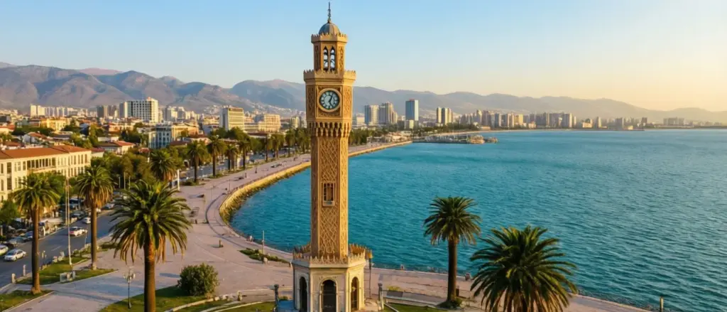 Izmir Turcja - widok na nabrzeże Kordon z wieżą zegarową Konak i Morze Egejskie