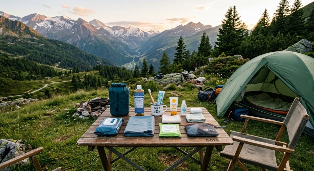 A high-quality, editorial-style photograph capturing a tidy and organized camping setup with essenti