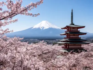 Japonia wycieczka - widok na górę Fuji z kwitnącymi wiśniami i tradycyjną świątynią w tle