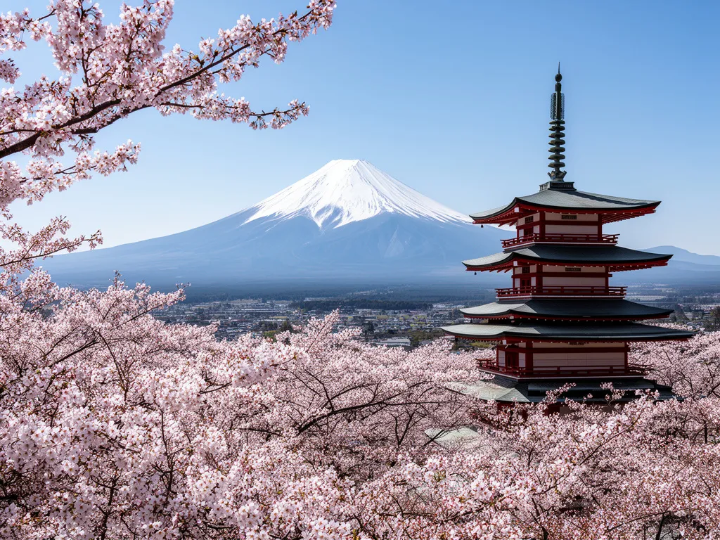 Japonia wycieczka - widok na górę Fuji z kwitnącymi wiśniami i tradycyjną świątynią w tle