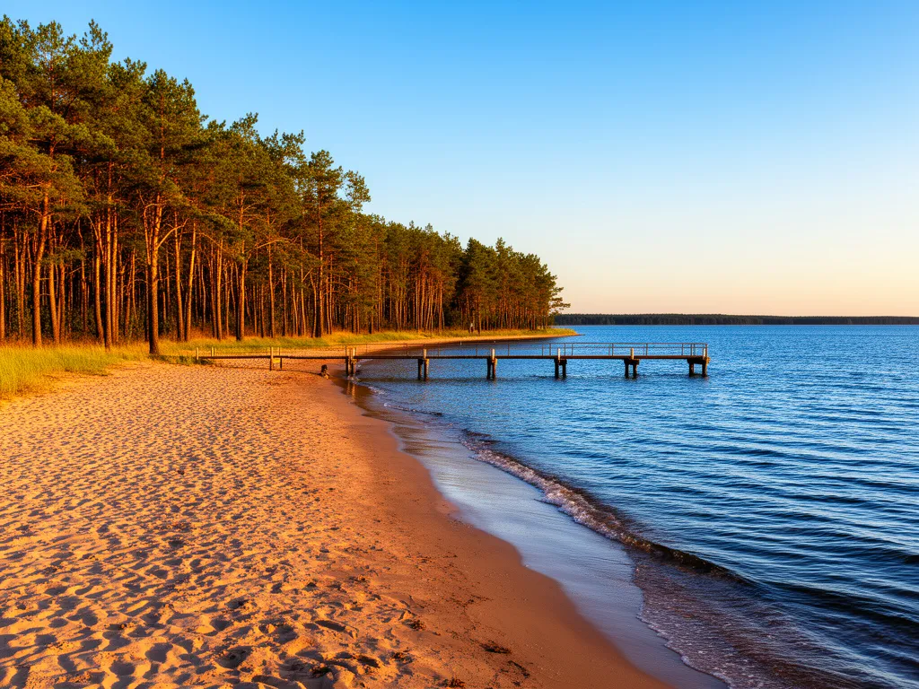 Plaża w Jarosławcu z widokiem na molo i las sosnowy – idealne miejsce na noclegi nad Bałtykiem