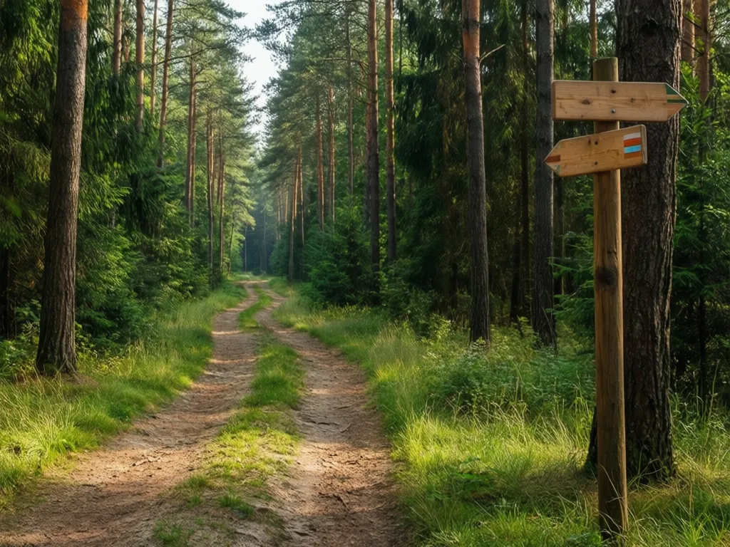 Leśna trasa do jazdy konnej wijąca się między sosnami z drewnianymi oznaczeniami szlaku