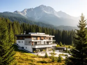 Budynek Jelenia Struga Medical SPA w Kowarach u podnóża Karkonoszy otoczony górskim krajobrazem