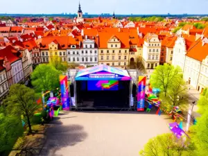 Plac w centrum Lublina przygotowany na juwenalia lublin 2026 z kolorowymi dekoracjami festiwalowymi