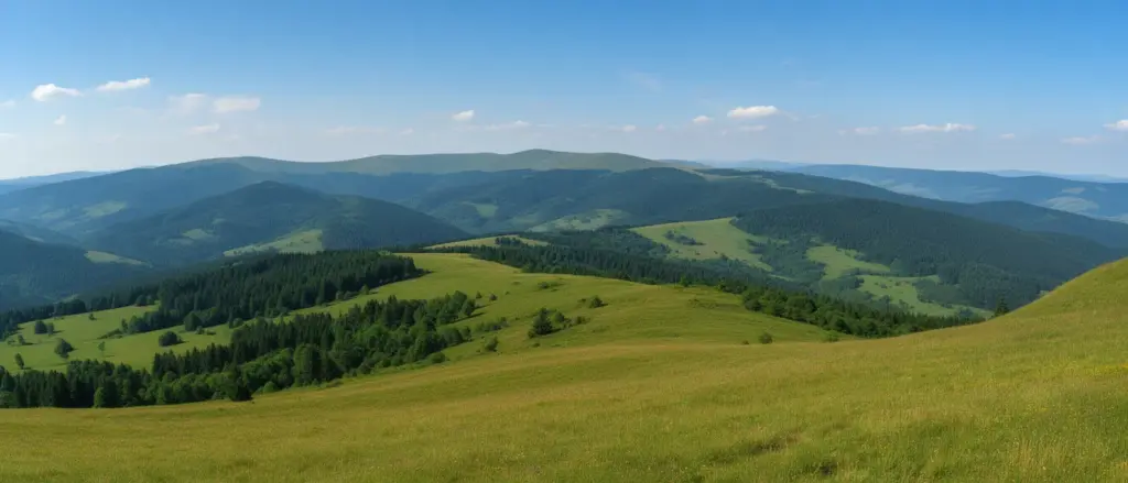 Widok z kamery Bieszczady pokazujący panoramę górskich połonin i lasów w słoneczny dzień