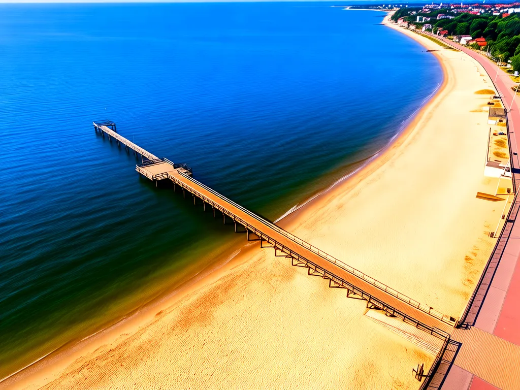 Kamera Gdańsk Brzeźno pokazuje widok na plażę, molo i Morze Bałtyckie w słoneczny dzień