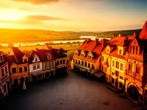 Widok na rynek w Kazimierzu Dolnym z renesansowymi kamienicami dostępny przez kamerę Kazimierz Dolny online