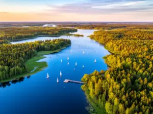Widok z lotu ptaka na mazurskie jeziora i przystanie – obraz przedstawiający region monitorowany przez kamerę Mazury