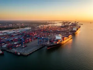 Widok na port w Gdańsku z lotu ptaka - kamera na żywo gdańsk: port pokazuje terminale kontenerowe i statki
