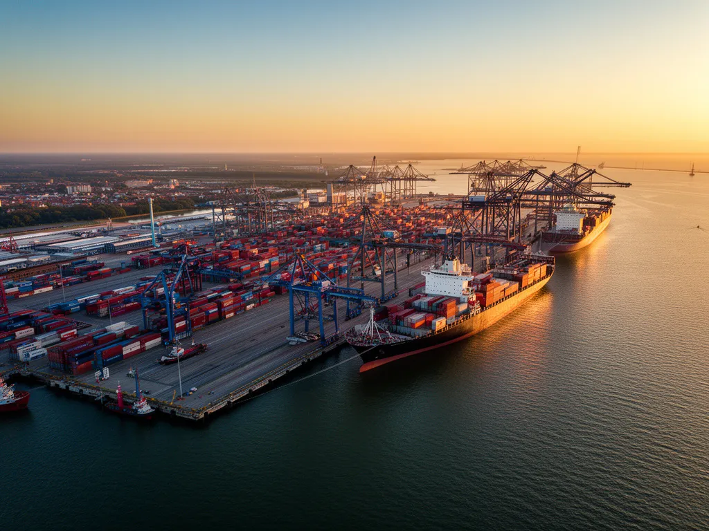 Widok na port w Gdańsku z lotu ptaka - kamera na żywo gdańsk: port pokazuje terminale kontenerowe i statki