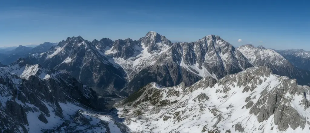 Kamera Tatry pokazująca panoramę szczytów górskich pokrytych śniegiem w słoneczny dzień