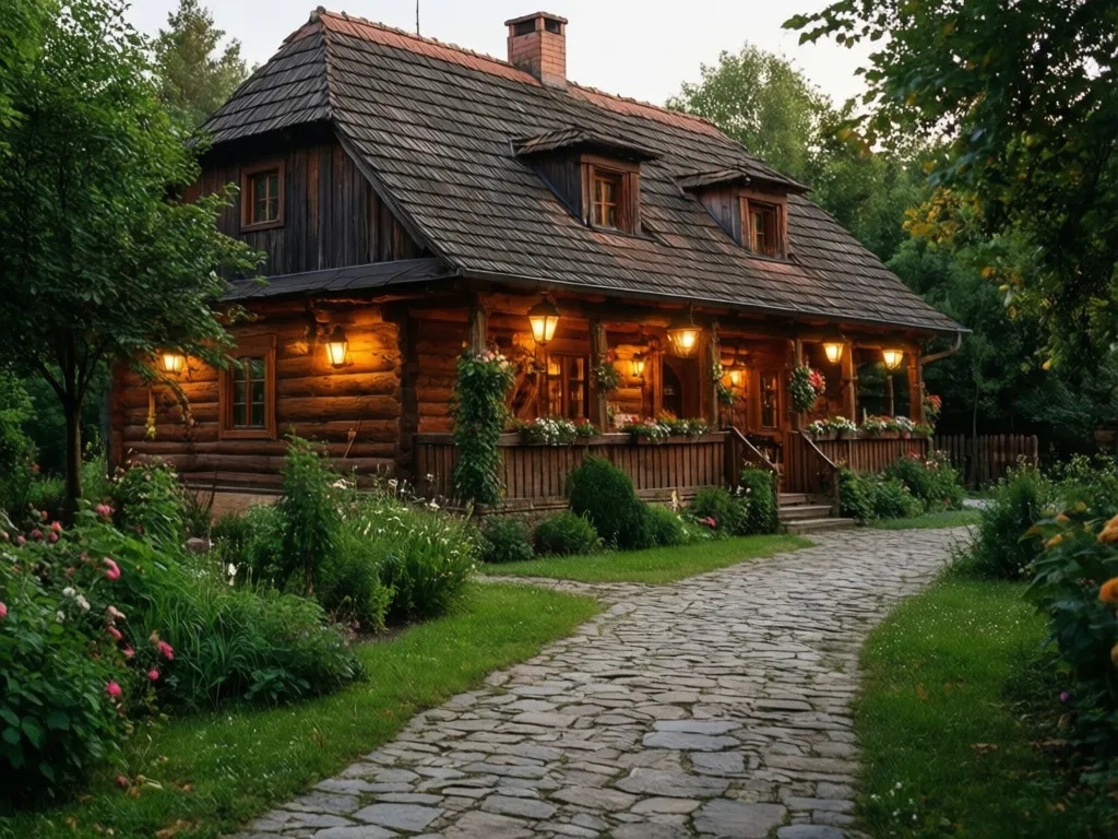 Karczma Rzym - tradycyjny polski zajazd z drewnianą architekturą i klimatycznym ogrodem