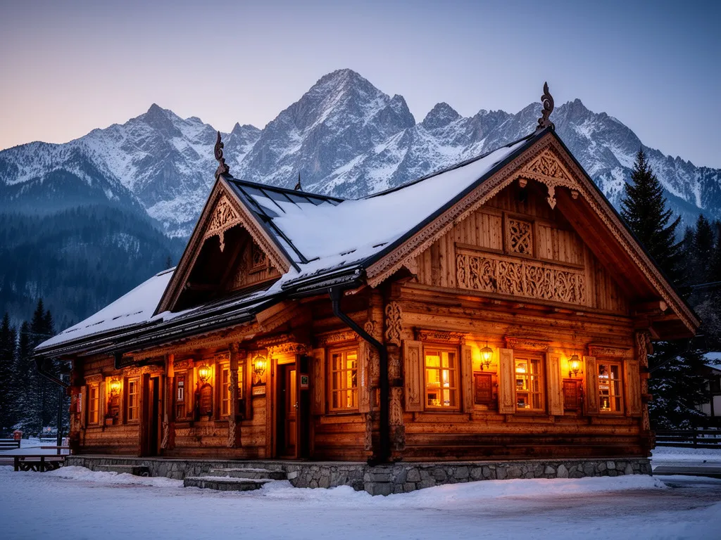 Tradycyjna drewniana karczma Zakopane na tle Tatr – autentyczna góralska architektura i klimat regionu